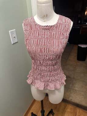 Lotus & Lavender Smocked Gingham Peplum Tank Top Red White Large